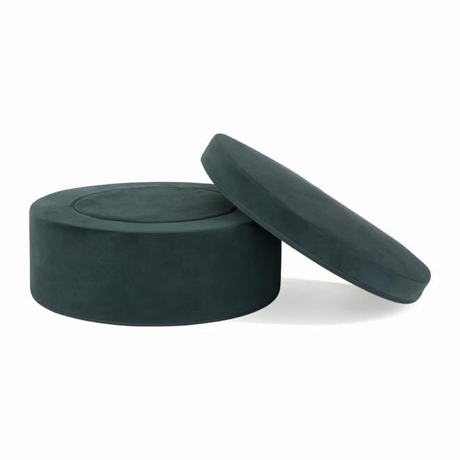 Round dark green Whottie play ottoman pieces for kids – versatile play couch accessory and footrest