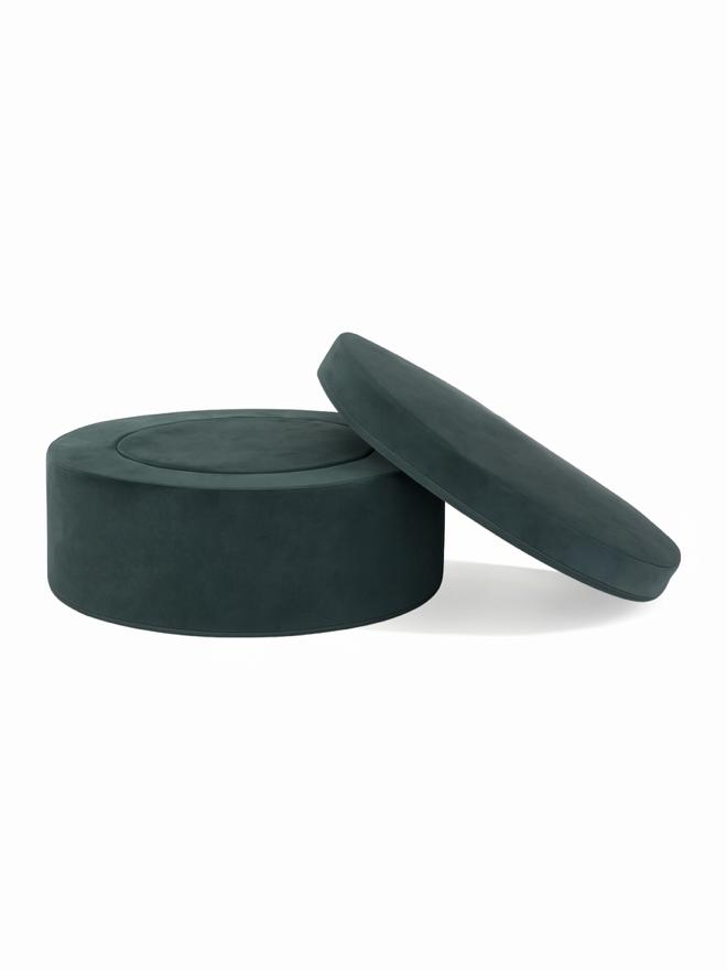 Round dark green Whottie play ottoman pieces for kids – versatile play couch accessory and footrest