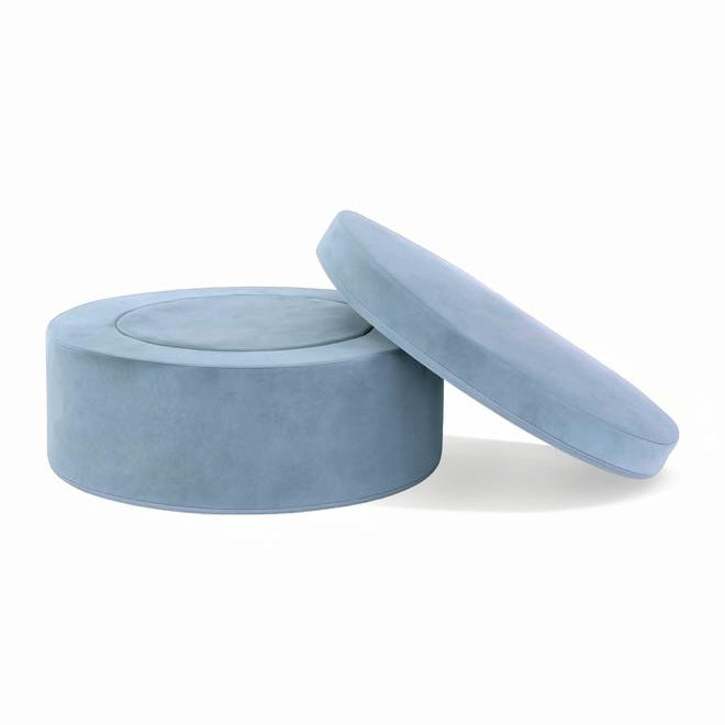 Round Whottie play ottoman pieces in medium blue, one stacked, one leaning – play couch accessory