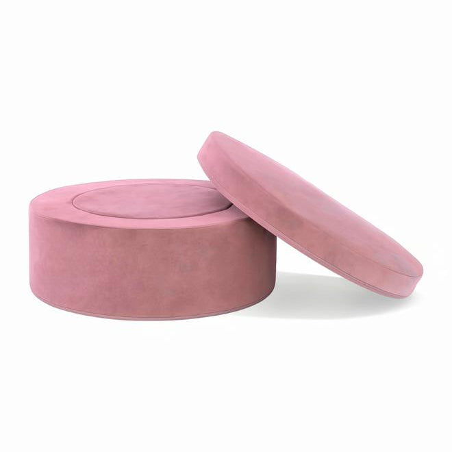 Round blush pink Whottie play ottoman pieces for kids – versatile play couch accessory and footrest