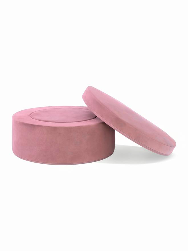 Round blush pink Whottie play ottoman pieces for kids – versatile play couch accessory and footrest