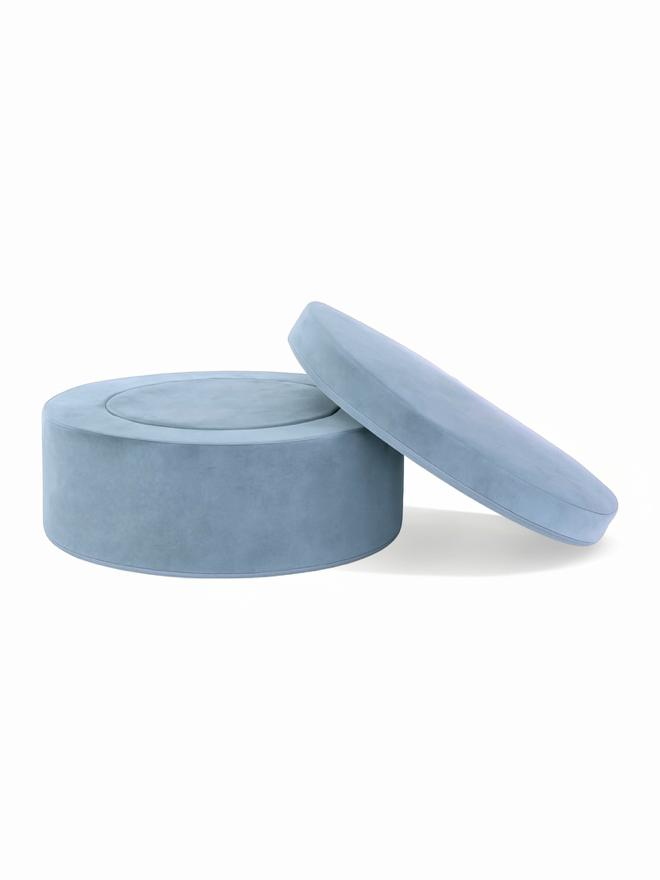 Round Whottie play ottoman pieces in medium blue, one stacked, one leaning – play couch accessory